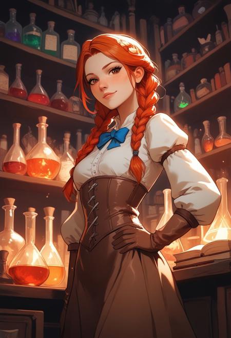 SCORE_9, SCORE_8_UP, SCORE_7_UP, SCORE_6_UP, SCORE_5_UP, g0thicPXL, glowing, MythAn1m3, PRSNL4 Style, fantasy, medieval, BREAK ambient lighting, head focus, side view, low angle, looking at viewer, 1girl, solo, human, Caucasian, 20years old, red hair, petite, braided pigtails, twin_braids, bangs, brown eyes, freckles, body freckles, small breasts, pale skin, white blouse, puffy long sleeves, (blue bowtie), yellow mini skirt, leather under-bust corset, brown leather knee high boots, brown gloves, alchemist, artificer, goggles on head, leaning on counter, hand on own hip, bedroom eyes, seductive smile, (looking at viewer), head focus,, BREAK indoors, laboratory, library, magic potions, alchemy, stacks of books, book shelf, shelves of flasks, beaker, retort, retort stand, chemistry, Bunsen burner, Flask, test tube, potion, vial,