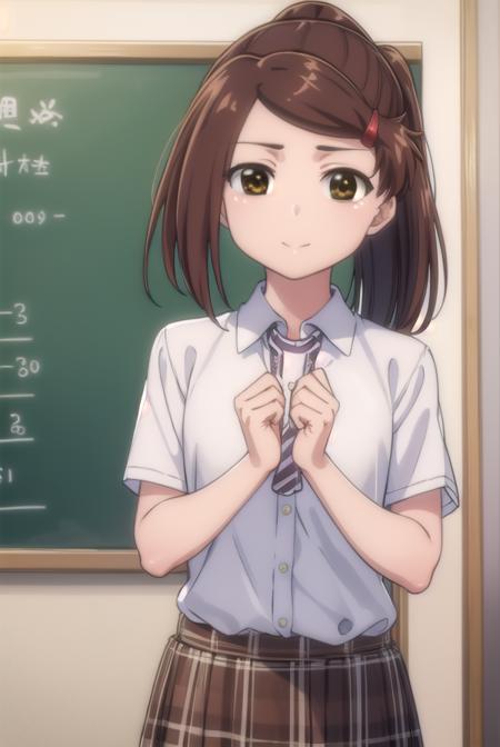 akosuminoe, <lora:ako suminoe ova-lora-nochekaiser:1>,
ako suminoe, short hair, brown hair, hair ornament, (brown eyes:1.5), ponytail, hairclip, smile,
BREAK skirt, shirt, school uniform, white shirt, socks, plaid, kneehighs, plaid skirt,
BREAK indoors, classroom,
BREAK looking at viewer, (cowboy shot:1.5),
BREAK <lyco:GoodHands-beta2:1>, (masterpiece:1.2), best quality, high resolution, unity 8k wallpaper, (illustration:0.8), (beautiful detailed eyes:1.6), extremely detailed face, perfect lighting, extremely detailed CG, (perfect hands, perfect anatomy),