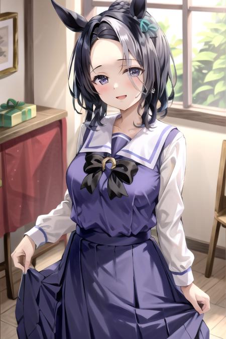 <lora:MejiroRamonu-09:0.7> , mejiro ramonu, 1girl, solo, looking at viewer, blush, smile, open mouth, skirt, shirt, black hair, long sleeves, bow, holding, animal ears, jewelry, medium breasts, school uniform, purple eyes, braid, white hair, pleated skirt, indoors, medium hair, sailor collar, streaked hair, petals, chair, ring, horse ears, white bow, horse girl, box, forehead, gift, purple skirt, purple shirt, gift box, wedding ring, tracen school uniform, holding gift, ornate ring