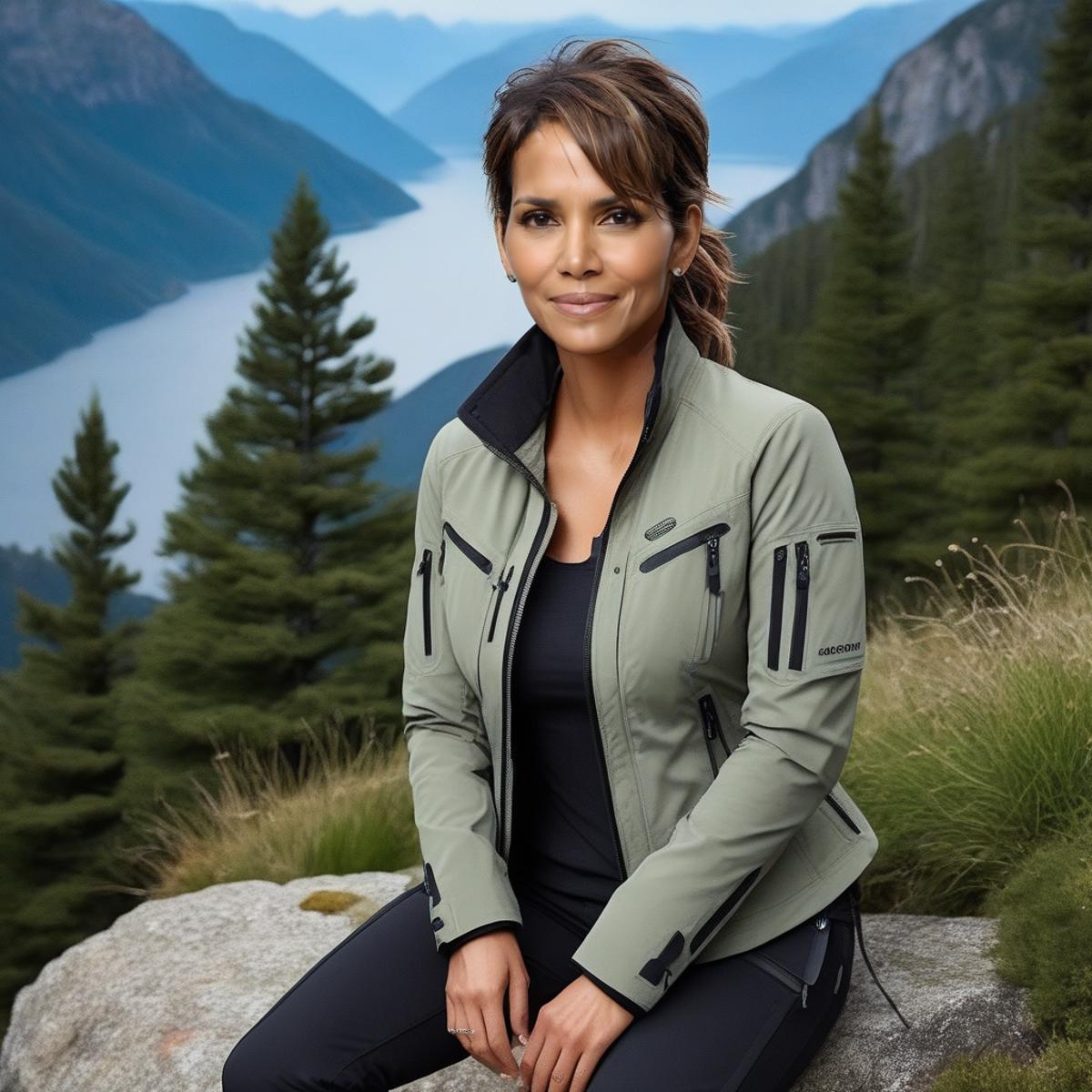 A woman in a green jacket sitting on a rock in a mountainous area.