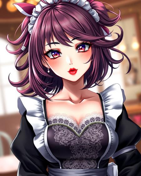 Highly detailed, anime-style girl, beautiful face, smooth porcelain skin, vivid lipstick, perfect makeup, alluring expression, sexy pose, wearing a classic maid outfit with intricate lace details, black and white contrast, elegant and stylish design, soft lighting, background blurred to enhance focus on the character, highly detailed fabric textures, dynamic and flowing hair, vibrant colors