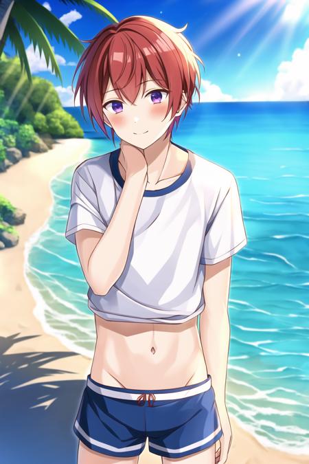 <lora:tsukasa_suouV22:0.8>, 1boy, idol, tsukasa_suou, solo, standing, red hair, short_hair, abbs, [muscular:0.5] white sailor shirt, beach, swimming trunks,