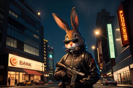 plush rabbit with gun and sunglasses in front of bank robbing 8k, beautiful, at night