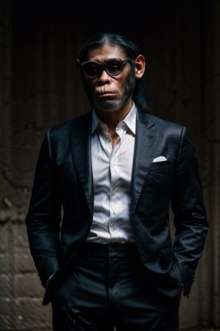 (analog photo) of a (gangster chimp) wearing a black suit with a white shirt and black tie and wearing black Rayban style sunglasses, serious face,  (hands in pockets, confident posture,) masterpiece, Fine art photography, award winning photography