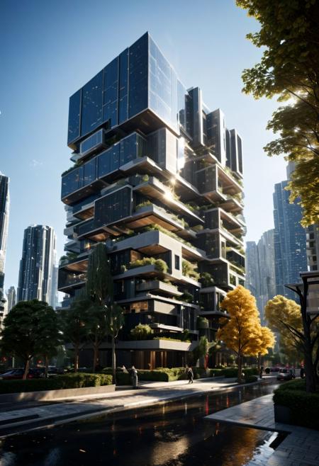 (((Modern style architecture, housing, luxury residence))),
outdoors, sky, tree, blue sky, no humans, ground vehicle, building, scenery, reflection, city, cityscape, bare tree, skyscraper, real world location,
(Large Files, Ultra Realistic, 8K, 16k, FHD, HD, VFX, Perfect, Photography, composition, Architecture Sales Photography, Architecture Competition, Ultra High Resolution, Cinematography, High Resolution Image:1.1), (dramatic lighting, direct sunlight, ray tracing, clear shadow:1.2), (real landscape:1.1), (blurred background:1.0), (urban background, more_details)  
(avant-garde, future, reality, science fiction, photorealistic), (modern architecture:1.2), White limestone with black granite, fountain, waterfall, landmark, square, path, narrow street,
(Large Files, Ultra Realistic, 8K, 16k, FHD, HD, VFX, Perfect, Photography, composition, Architecture Sales Photography, Architecture Competition, Ultra High Resolution, Cinematography, High Resolution Image:1.1), (dramatic lighting, direct sunlight, ray tracing, clear shadow:1.2),  (real landscape:1.1), (blurred background:1.0), (urban background, more_details) ,
great lighting, extremely detailed, clear, SteamPunk, futuresurban
