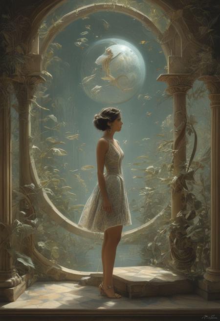 artfshnshtr, fuse M.C. Escher's geometric illusions with Anne Bachelier's enchanting characters. Prioritize the depiction of Bachelier's whimsical characters, Utilize Escher's intricate linework to create fantastical settings, while Bachelier's vibrant oil paintings breathe life into her characters. Infuse the dreamworld with the mystical essence of DMT or Ayahuasca, amplifying the ethereal energy and inviting immersive exploration centered around Bachelier's captivating characters