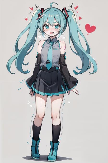 Kaito Kid style, boots, twintails, fang, shirt, socks, v-shaped eyebrows, grey shirt, standing, necktie, sleeveless shirt, trembling, tattoo, black skirt, bare shoulders, solo, aqua eyes, sleeveless, blush, miniskirt, aqua hair, 1girl, sweat, detached sleeves, aqua necktie, skirt, looking at viewer, sleeves past wrists, very long hair, open mouth, pleated skirt, black sleeves, heart, pigeon-toed, hair ornament, shoulder tattoo, long hair, full body<lyco:Kaito_Kid_style:1>,