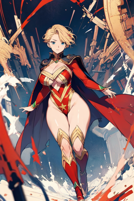 AthenaHaruka, 1girl, solo, short hair, blue eyes, blonde hair, large breasts, cleavage, thighs, cape, red leotard, clothing cutout, highleg, thick thighs, cleavage cutout, highleg leotard