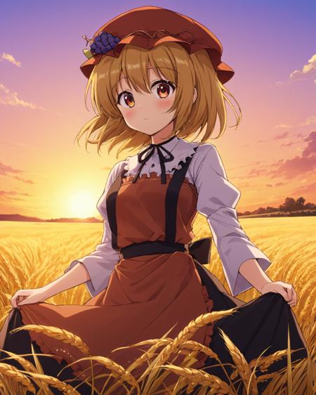 aki minoriko,1girl, solo, hat, grapes, red_sky, sunset, wheat, blush, apron, dress
<lora:aki_minoriko_image2428_2023-12-14:1>,star-shaped_pupils,symbol-shaped_pupils,. gorgeous,key visual, vibrant, studio anime,award-winning, professional, highly detailed,high budget, cinemascope