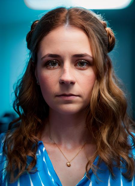 portrait of skswoman, :< , wearing nightwear , with strawberry blonde Updo , background gothic epic (photo, studio lighting, hard light, sony a7, 50 mm, matte skin, pores, colors, hyperdetailed, hyperrealistic), <lyco:Jenna FischerV2:1.2>