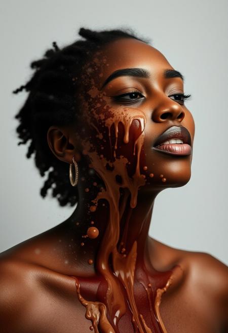 double exposure, black woman, dissolves on particles, particle transition, chocolate fusion, milk diffusion
