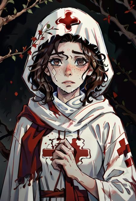 a sfw photorealistic picture of a brown-eyed girl with ((freckles)) and curly brown hair wearing a white robe with a large hood with a red cross on it and a white scarf over, <lora:Amy:0.5>, blood spatter in background, depression, dark tint, washed out colors, fearful expression, thorn bushes reaching from the background, crying