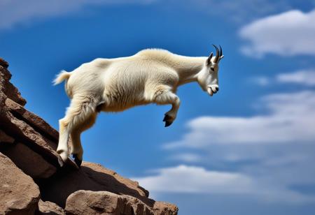 mountain goat jumping from one cliff to another. Very realistic photography