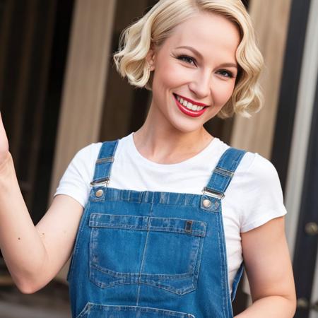 a smiling woman with blonde finger wave hair wearing a overalls<lora:fingerwave_hair_v1.0.3:1>