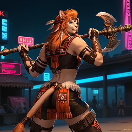 wuklamat, (furry female:0.7), green eyes, long orange hair tribal armor, circlet, brown armguards, brown legguards, brown sandals