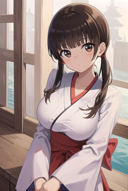 komakijindai, <lora:komakijindai-000010:1>,
komaki jindai, long hair, black hair, twintails, (brown eyes:1.5), low twintails, (large breast:1.2), hair between eyes,
BREAK skirt, long sleeves, cleavage, japanese clothes, wide sleeves, kimono, hakama, hakama skirt, white kimono, miko, red hakama,
BREAK looking at viewer,
BREAK outdoors, shrine,
BREAK <lora:GoodHands-vanilla:1>, (masterpiece:1.2), best quality, high resolution, unity 8k wallpaper, (illustration:0.8), (beautiful detailed eyes:1.6), extremely detailed face, perfect lighting, extremely detailed CG, (perfect hands, perfect anatomy),