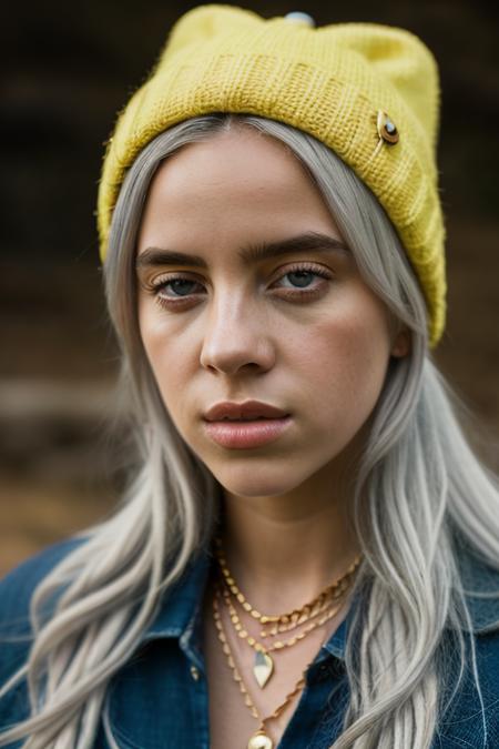 <lora:b1ll1331l1sh:0.9>, a Realistic portrait of b1ll1331l1sh woman,  1girl, long hair, white hair, looking at viewer, yellow wool hat, jewelry, solo focus, necklace, bracelet, lips, grey eyes, ring, watch, realistic, professional Photography, Photorealistic, detailed eyes, RAW, analog, sharp focus, 8k, HD, DSLR, high quality, Fujifilm XT3, film grain, award winning, masterpiece