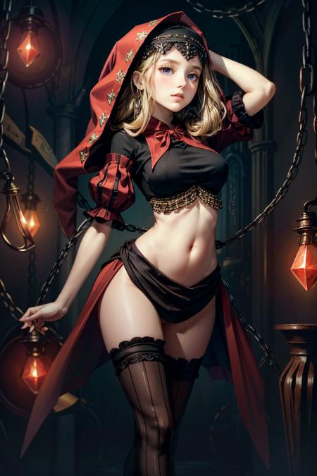 (masterpiece, best quality)
OdinSphereVelvet, (1girl:1.19), solo, long hair, breasts, blonde hair, thighhighs, navel, purple eyes, midriff, striped, puffy sleeves, black thighhighs, hood, crop top, chain, thigh gap, striped thighhighs, vertical stripes, narrow waist, vertical-striped thighhighs, puff and slash sleeves  <lora:epi_noiseoffset2:1>  <lora:add_detail:0.7>   <lora:OdinSphereVelvet:0.8>