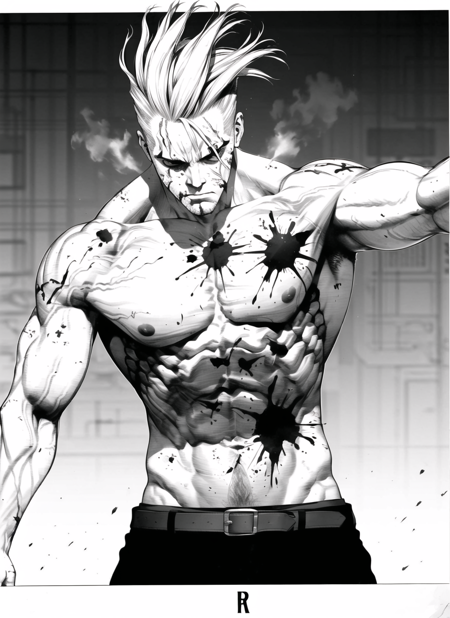 boichi manga style, greyscale monochrome, male focus, 1boy, blood, topless male, solo, blood on face, motion blur, hatching \(texture\), injury, veins, scar, ((masterpiece)) <lora:boichi_manga_style_offset:1>