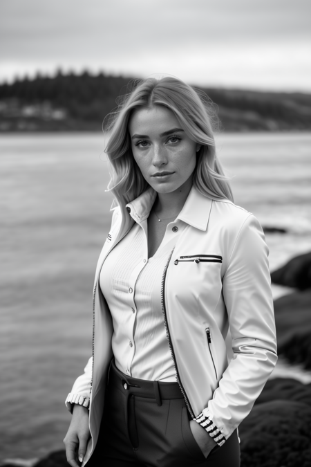 b&w photo of woman, jessical, half body, high detailed skin, shirt, jacket, coastline, overcast weather, wind, waves, 8k uhd, dslr, soft lighting, high quality, film grain, Fujifilm XT3 <lora:Jessica:1>
