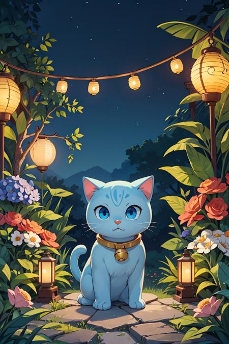 masterpiece,best quality,(no humans,:1.2) maneki-neko,solo,neck bell,blue eyes,flower,1lantern,sitting,full body,^_^,outdoors,night,garden background,<lora:more_details:0.3>,