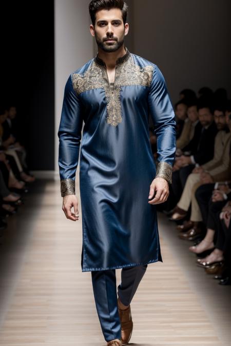 ((best quality)), ((masterpiece)), ((ultra realistic)),(dynamic sexy pose), masterpiece trending on art station of a beautiful Pakistani male model walks down the runway at the fashion show during Milan Fashion week in Milan, Italy, motion blur, wearing a xyzsankurta, (highly detailed:1.3),  Navy Blue Kurta, Shalwar, Shoes, <lora:xyzsankurta:0.8>, professional, moody cinematic lighting, masterpiece, realistic, roughness, ultra realistic, masterpiece, realistic, roughness, ultra realistic, (bokeh:1.3), photographed on a Canon EOS R5, 50mm lens, muted colors, F/2.8, HDR, 8k resolution, highres, high detail, sharp focus, smooth, roughness, real life, photorealism, photography, 8k uhd, (motion blur:1.001), <lora:add_detail:0.5> <lyco:GoodHands-beta2:1.0>