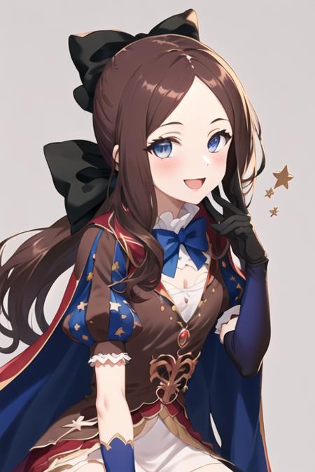 best quality, masterpiece, highres, solo, {leonardo_da_vinci_fgo:1.15}, long_hair, brown_hair, bangs, blue_eyes, parted_bangs, smile, breasts, blush, forehead, 1girl, :d, black_bow, bow, hair_bow, looking_at_viewer, open_mouth, ponytail, puff_and_slash_sleeves, puffy_short_sleeves, puffy_sleeves, blue_gloves, gloves, short_sleeves, dress, elbow_gloves, blue_bow, brown_dress, cape, single_gauntlet, star_\(symbol\), simple_background