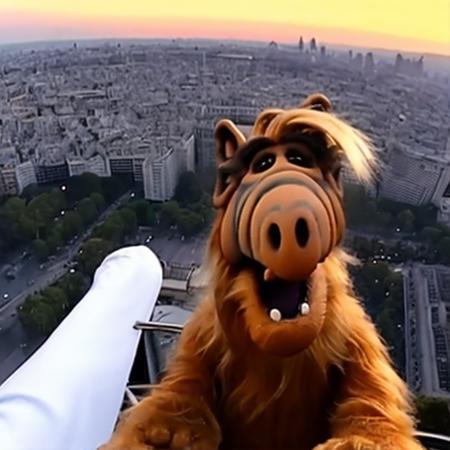 alf person taking a selfie on the top of the eiffel tower, sunset, golden hour, view of the city.