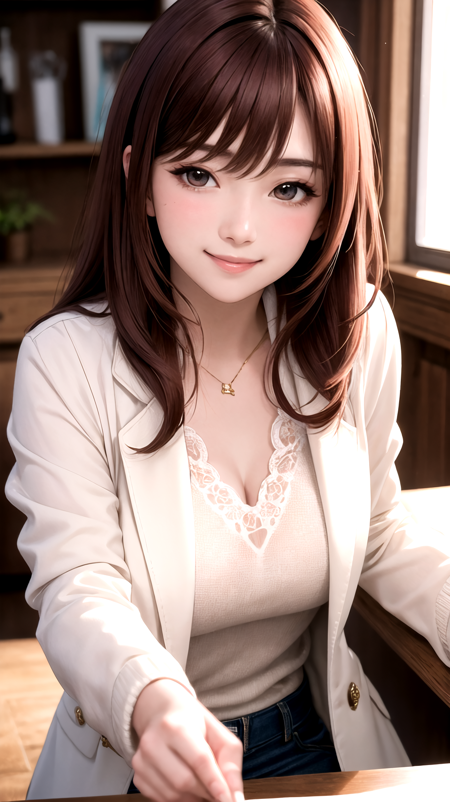 (masterpiece, best quality), intricate details, 1girl, blush, dark red hair, smile, sidelighting, bangs, bright skin, white jacket,