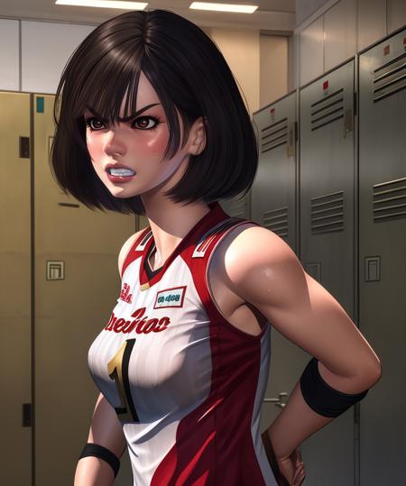 kaori,black hair,brown eyes,short hair,angry teeth,
volleyball uniform,sleeveless,number 1,
standing,upper body,close up,
locker room,
(insanely detailed, beautiful detailed face, masterpiece, best quality),solo,<lora:Maika:0.8>,