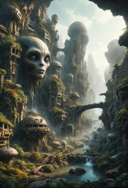 A grand, majestic 1960s retro-futurism space-opera city carved into a mountainside on a alien planet with intricate architectural designs. The city features multiple domed buildings, towering statues, and a large bridges connecting different parts of the city. The scene is set in a alien landscape with rocky cliffs and waterfalls, creating a sense of awe and wonder.