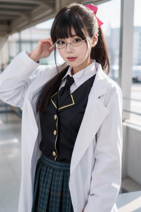 ultra-detailed,highly detailed,best quality,masterpiece,illustration,realistic,
shiguma rika, 1girl, solo, cosplay,   
st. chronica academy school uniform,
glasses,shirt, skirt,  neckti, hair bow, labcoat, 
looking at viewer, upper body, 
<lora:shiguma rika_v1_07:0.7>