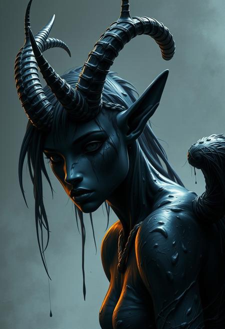 Fantasy. Black centaur girl with straight sharp horns, no eyes. Skin covered with black slime, similar to latex.