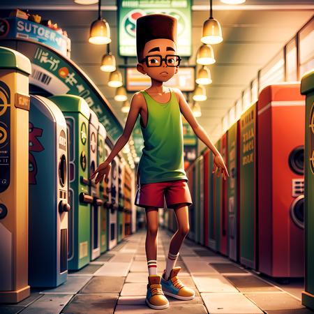 ((masterpiece, best quality)),(complex light),1boy,full body, solo, fresh, <lora:FreshSubwaySurfers1-10:0.6>, dark skin, glasses, orange tank top, shorts, standing, subway station, holding jukebox,