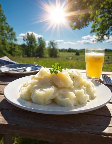 mashed potatoes served on a plate under the bright sun on a hot summer afternoon. The dish is placed on a picnic table, with a few rays of sunlight casting a warm glow on the potatoes. The background features clear skies, a few fluffy clouds, and an inviting, summery atmosphere