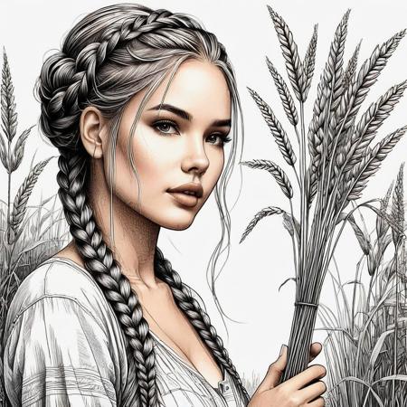 stunning, highly detailed, 
8k, 
ink art washed ink line art sketch from a slim Swedish girl with braids in hair and holding grain stalks close to her breast.