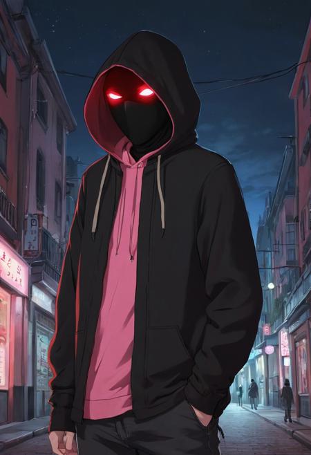 ghibli style, 1boy,  modern clothing, pink shirt, black jeans, hood, face covered with hood, glowing eyes, red eyes, scythe, glowing red scythe, city, night,, solo, details, HD, no errors