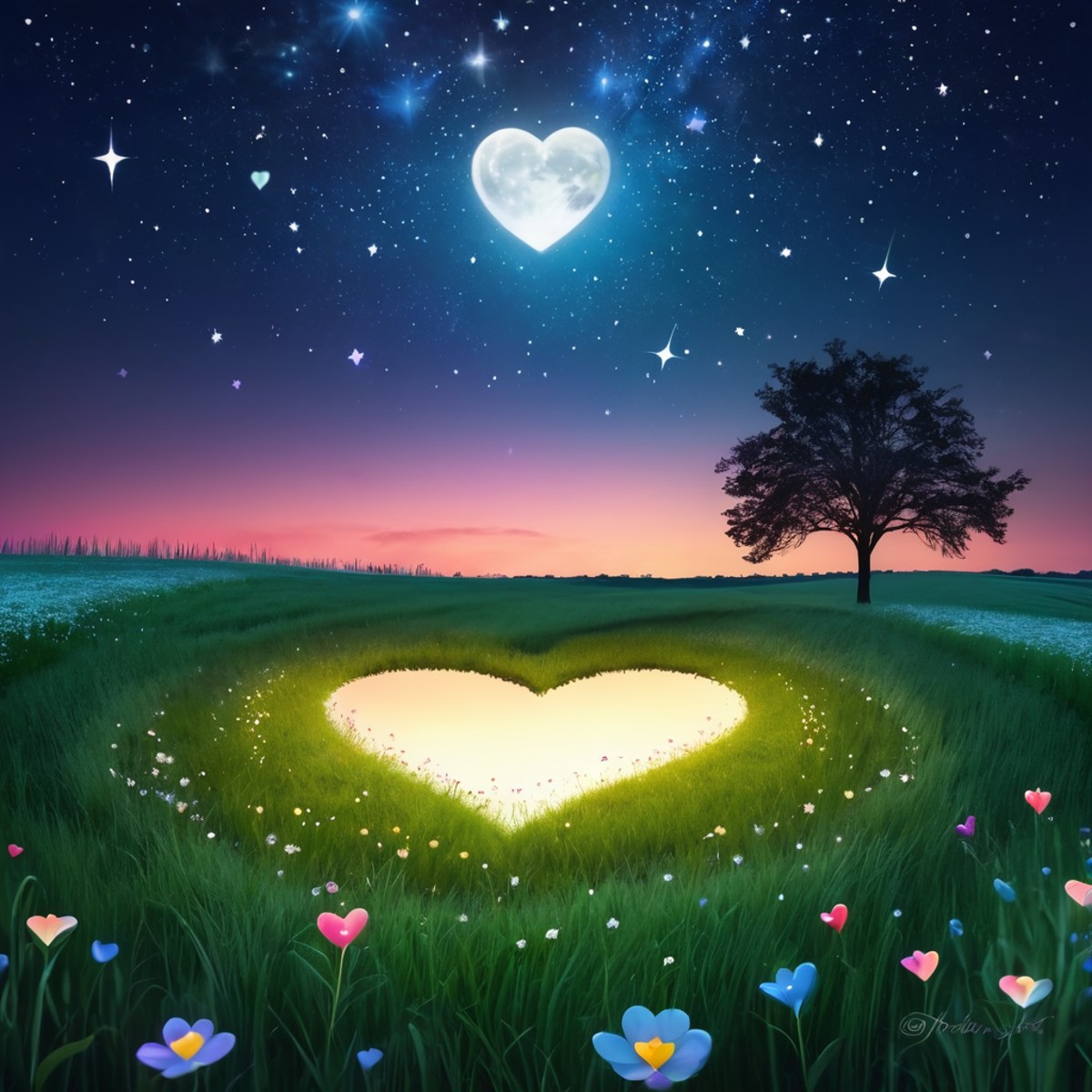 ValentineNatureStyle,flower,outdoors,sky,tree,no humans,night,grass,star (sky),heart shaped stars,heart shaped moon,nature...
