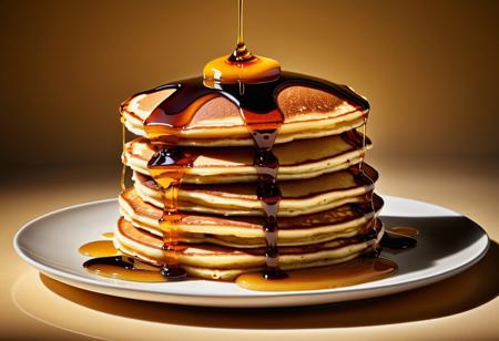 Centered, Golden brown stack of fluffy pancakes, drizzled with rich amber syrup, set against a warm, velvety background, illuminated by soft, cinematic light, emphasizing intricate textures and details, in the style of still life photographer, Gregory Miller, with the hyperrealistic precision of Andreas Gursky, and the atmospheric moodiness of Peter Bialobrzeski, rendered in exquisite HDR, with a 64 megapixel sharpness, and perfect composition, evoking a sense of comfort and warmth.