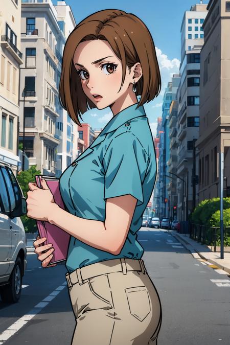 masterpiece, best quality, <lora:kinue-nvwls-v1-000009:0.7> kinue, earrings, blue shirt, short sleeves, capri pants, cowboy shot, surprised, from side, looking at viewer, street, large breasts