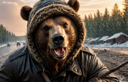 hyperdetailed photography, (foreshortening), (foreshortening), (foreshortening), (foreshortening), Dutch angle, near death experience, emotional, heavy rain, (anthropomorphic bear as Russian peasant guerilla), (wearing ushanka:1.5), holding pitchfork , war cry, sunset, anamorphic bokeh, masterpiece shot by Christopher Nolan, action, 16k resolution, ultra realistic, photorealistic <lora:xl_real_beta1:0.4>  , <lora:!action-sdxl-V0.5:0.75>  , <lora:add-detail-xl:0.2>