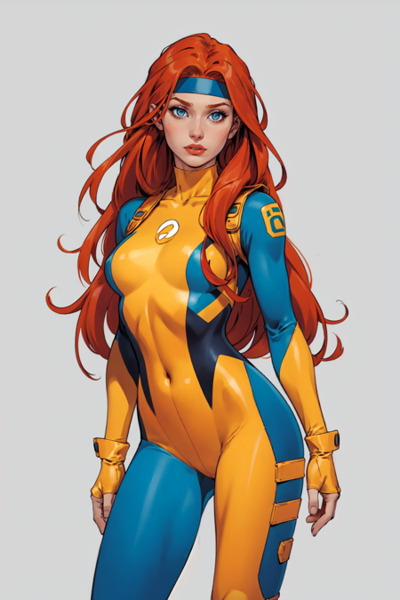 masterpiece, official art, best quality , extremely detailed, dskheroes, 1girl, solo, long hair, blue eyes, medium breasts, very long hair, headband, two tone hair, red hair, orange hair, bodysuit, makeup, blue and yellow bodysuit, <lora:Heroes_Style:0.6>