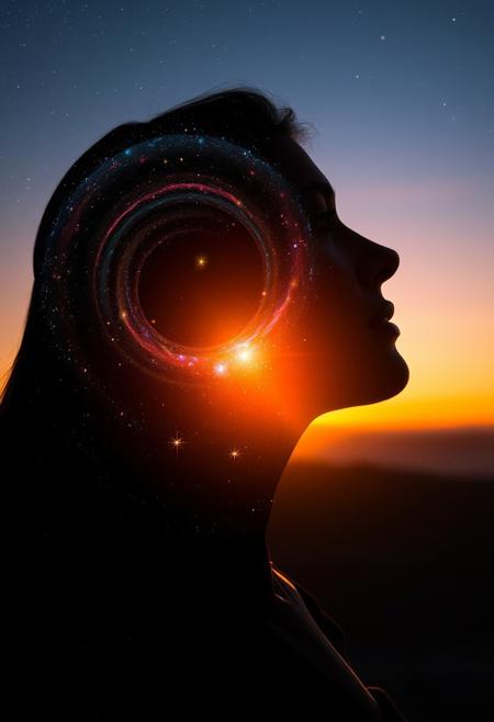 Softly fading sunlight casts a warm glow on the woman's serene face, her silhouette a celestial canvas of swirling galaxies and shimmering stars. Ethereal light dancing across her features, as a radiant aura envelops her, merging harmoniously with the sky's gentle hues. The cosmos within her outline twinkles like diamonds scattered across the heavens, taking refuge within her essence.