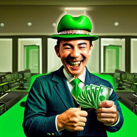 RAW photo, 8k uhd, dslr, soft lighting, high quality, film grain, Fujifilm XT3, Masterpiece, photorealistic, Luigi, smiling, grill teeth, gangstersb, at a desk, abandoned hospital, money, holding, holding money, thumbs up, green cap with a large “L”, suit, jewelry, necktie,