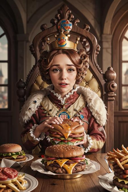 1girl, solo, portrait of queen burgerking mascot woman sit on king throne, giant burgers on wooden table,  glass of wine, castle, golden ornament, looking at viewer, details, realistic, photography, blurry background, softfocus , bokeh <lora:ARWBurgerKingMascot:1>