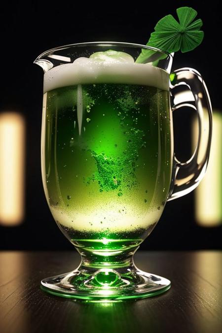 masterpiece, best quality, UHD 4K, stptrcksstle, <lora:Stpatricksday:1.0>, (3/4 view), (upper body), a_photo_of a  Leprechaun (holding one green beer mug), (detailed face), charm, ethereal, microskirt, <lora:Faltmix:1.5>, seductive pose, (light smile:1.1), green beer dispenser mech machine, glass green beer containers, ligth from background, futuristic,