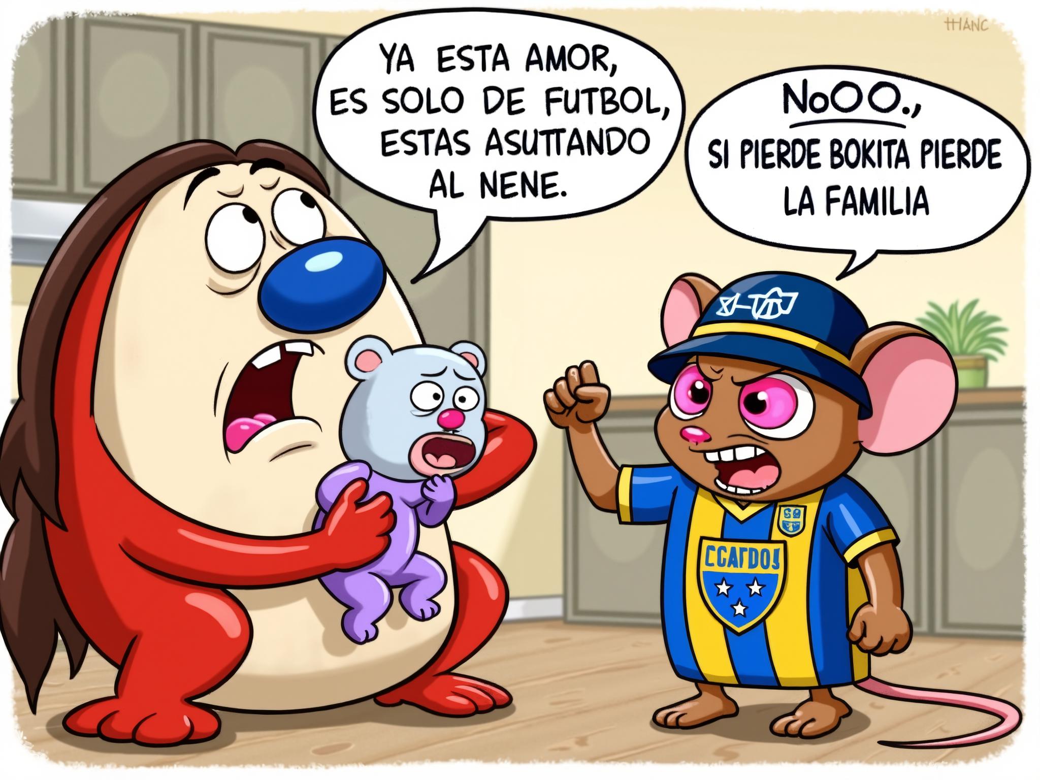 This image is a digitally drawn cartoon scene featuring two anthropomorphic characters, each with exaggerated, expressive features. On the left, a character with fear, resembling a large, round, blue-nosed creature with a white face, is depicted holding and protecting a small baby. The baby has a blue nose, white face, and large, expressive eyes, suggesting a distressed or crying expression. The baby is dressed in a purple onesie. The cartoon character's arms and hands are large and white, with long, red, rubbery-looking fingers. The creature's head is disproportionately large compared to its body, which is red and round and have human long brown hair. On the right, a character, a brown anthropomorphic mouse, is depicted in a dynamic pose with one paw raised in a fist and the other bent at the elbow. The mouse has large, exaggerated eyes pink with angry and a wide, toothy grin. It is wearing a blue and yellow striped jersey with the initials "CABJ" on the front, which is likely a reference to a soccer team. The jersey also features a blue shield with a white star pattern on the chest. The mouse is wearing a blue bucket hat with a yellow band and the same "CABJ" logo. The background is a simple, light-colored room with wooden flooring in a domestic kitchen. Text in Spanish is present in the image, with one speech bubble from the left character reading, "YA ESTA AMOR, ES SOLO UN PARTIDO DE FUTBOL, ESTAS ASUSTANDO AL NENE", and the other speech bubble from the right character reading, "NOOOO, SI PIERDE BOKITA PIERDE LA FAMILIA"<lora:flux\estilos\Flux.renandstimpySTYLE.safetensors:1.0:1.0>