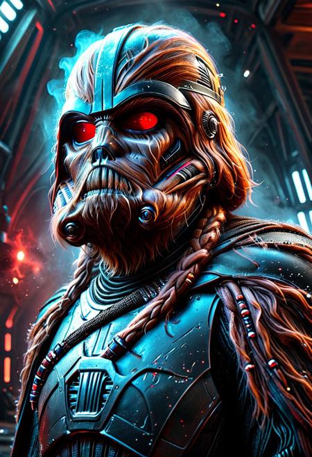 Ultra-photorealistic portrait of Darth Vader reimagined with dense Wookiee hair, standing in a dark Star Wars imperial hangar. His iconic helmet is replaced by wild, long Wookiee hair—thick dark-brown strands with intricate braids, leather straps, and silver Imperial insignia beads cascading over his shoulders, partially framing his black metallic breath mask with glowing red lenses. Sleek black durasteel armor reflects a glossy finish, chest control panel emitting faint blue light, tattered cape draped dynamically over the Wookiee hair. In his right hand, a crimson-red lightsaber ignites, casting intense red glow on individual hair strands and armor highlights, smoke rising subtly from the blade. The environment features industrial Star Destroyer engines humming in the background, red emergency lights contrasting with the saber’s radiance. Hyper-detailed textures: weathered armor scratches, skin pores visible on chin and nose beneath the mask edges, bioluminescent glow on hair beads, and metallic reflections on the lightsaber hilt. Cinematic volumetric lighting emphasizes dramatic shadows, 8k resolution with ultra-sharp focus on the eyes and saber, f/1.4 depth of field blurring distant machinery. Style blends hyper-realistic Star Wars concept art with National Geographic precision, merging Wookiee wildness and Sith elegance in photorealistic detail, perfect lighting highlighting every strand and armor groove