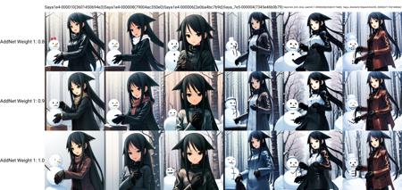 solo, Saya, black hair, green eyes, long hair, hair flaps, jacket, winter gloves, snow, winter, happy, snowman