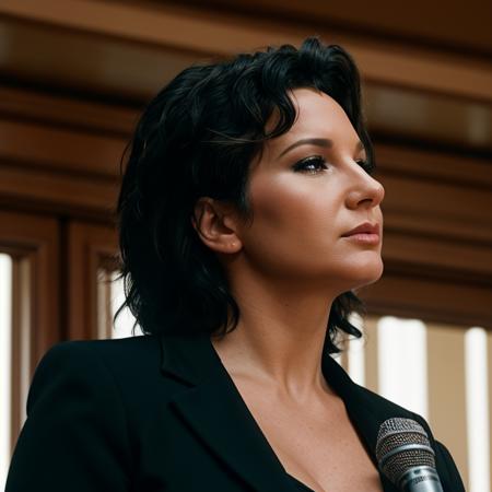 cinematic film still of  <lora:Cynthia Pendragon SD1.5:1.2>
Cynthia Pendragon a woman standing at a podium with a microphone vintage photography, shallow depth of field, vignette, highly detailed, high budget, bokeh, cinemascope, moody, epic, gorgeous, film grain, grainy